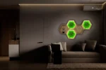 Világító hexagon mohakép szett és fa fali polc