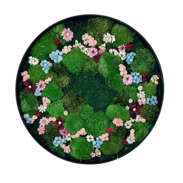 Runde Moos und Blumenbild Kerek élő moha kép virágokkal