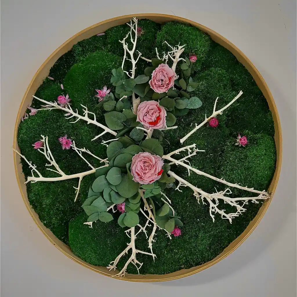 Blumen Bild von Rose und Moos Virágkép rózsákból, mohából és fából