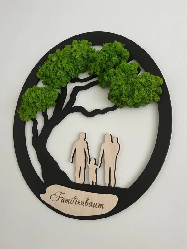 Wanddeko Familie mit Moosbaum mit individueller Gravur Családfa fali dekoráció mohafa egyedi gravírozással