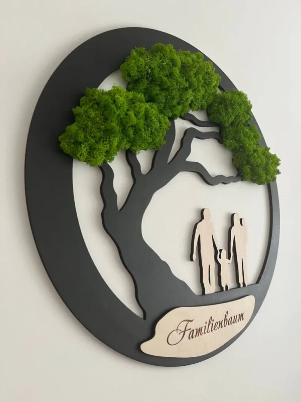 Wanddeko Familie mit Moosbaum mit individueller Gravur Családfa fali dekoráció mohafa egyedi gravírozással