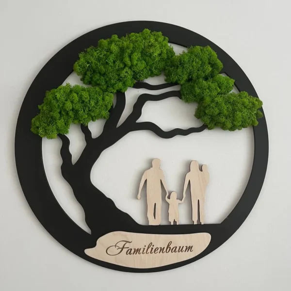 Wanddeko Familie mit Moosbaum mit individueller Gravur Családfa fali dekoráció mohafa egyedi gravírozással