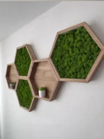 Hexagon mohakép szett és fa fali polcok fehér falon