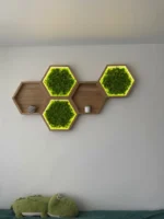 LED világítású hatszögletű fa mohaképek szürke falon