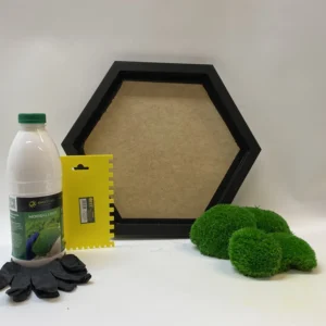 DIY mohakép szett hatszögletű kerettel, gömbmohával, ragasztóval és kiegészítőkkel.