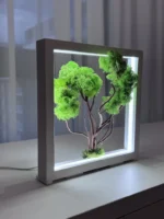 Moha bonsai izlandi mohából fehér fa keretben beépített világítással.