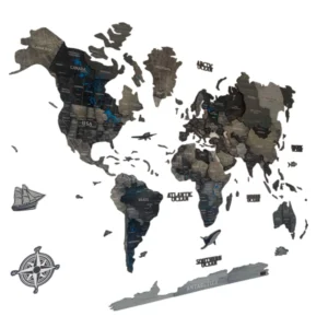 3D fa világtérkép, Black & Grey Edition, többrétegű dizájn iránytűvel és hajóval (150-200 cm).