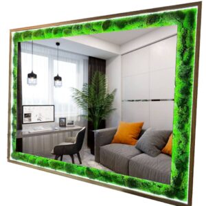 Téglalap alakú moha tükör barna fakerettel és LED világítással, amely egy modern szobát tükröz vissza.