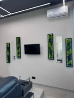Négy világító mohakép fekete keretben, két fali tükör és egy tévé egy modern szalonban.