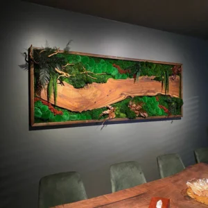 Élő moha kép fával – diófa erdei tájkép | Mohakép 140x40 cm panoráma a nappaliban